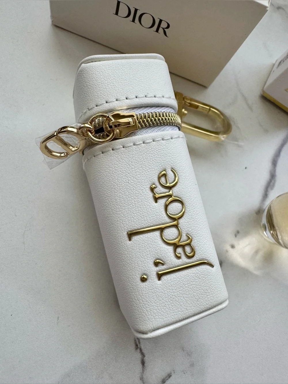 Dior White J'adore Leather Key Pouch with Gold Hardware